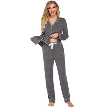 Ekouaer Pajama Sets Women's Long Sleeve Sleepwear Soft Button Down Nightwear Two Piece Pjs Set (Grey,M)