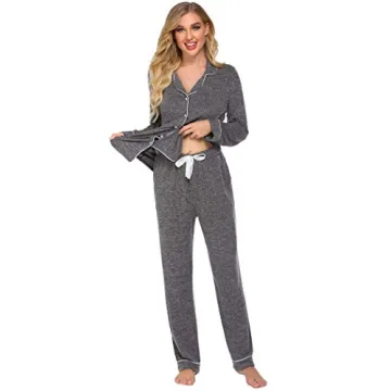 Ekouaer Pajama Sets Women's Long Sleeve Sleepwear Soft Button Down Nightwear Two Piece Pjs Set (Grey,M)