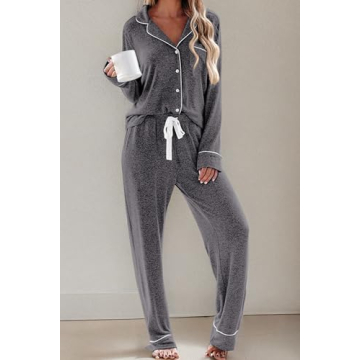 Ekouaer Pajama Sets Women's Long Sleeve Sleepwear Soft Button Down Nightwear Two Piece Pjs Set (Grey,M)