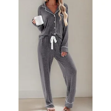 Ekouaer Pajama Sets Women's Long Sleeve Sleepwear Soft Button Down Nightwear Two Piece Pjs Set (Grey,M)