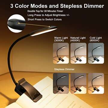 LiFMIRA Book Light, 3 Color Modes 3000-6000K 10 Brightness, 30min Timer Lightweight 10 LED Rechargeable Book Light for Reading in Bed, Eye Care Reading Light for Kids Students, Book Lovers, Bookworms