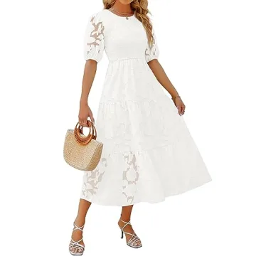 ZESICA Women's 2024 Summer Short Puff Sleeve Maxi Dress - Elegant Floral Lace Design - Available in ...