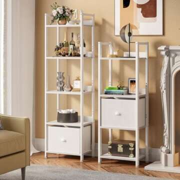 Furologee 5 Tier Bookshelf with Drawer, Tall Narrow Bookcase with Shelves, Wood and Metal Book Shelf...