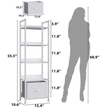 Furologee 5 Tier Bookshelf with Drawer, Tall Narrow Bookcase with Shelves, Wood and Metal Book Shelf Storage Organizer, Modern Display Standing Shelf Unit for Bedroom, Living Room, Office, White