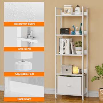 Furologee 5 Tier Bookshelf with Drawer, Tall Narrow Bookcase with Shelves, Wood and Metal Book Shelf Storage Organizer, Modern Display Standing Shelf Unit for Bedroom, Living Room, Office, White