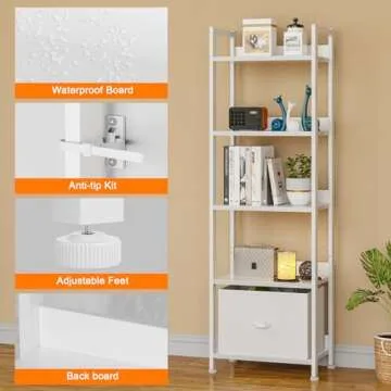 Furologee 5 Tier Bookshelf with Drawer, Tall Narrow Bookcase with Shelves, Wood and Metal Book Shelf Storage Organizer, Modern Display Standing Shelf Unit for Bedroom, Living Room, Office, White