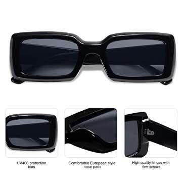 Allarallvr Trendy Rectangle Sunglasses for Women Men Vintage 90's Square Shades Thick Frame Nude Sunnies Sunglasses AR82002, Black+Blue