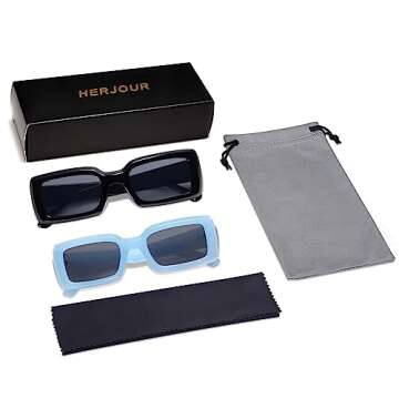 Allarallvr Trendy Rectangle Sunglasses for Women Men Vintage 90's Square Shades Thick Frame Nude Sunnies Sunglasses AR82002, Black+Blue