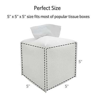 Tissue Box Cover, Langsum Modern Square Tissue Box Organizer, Decorative PU Leather Facial Paper Holder for Bathroom Vanity Countertop, Night Stand, Bedroom Dresser, Office Desk, Car (White)
