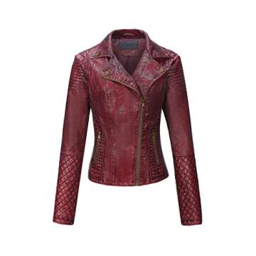 Bellivera Faux Leather Short Jacket, Women Spring Fall Clothes Trendy Retro Frosted Moto Biker Casual Coat 17909 Red XL