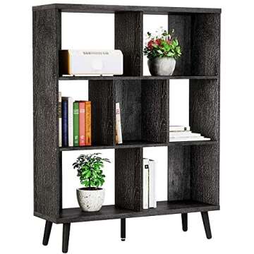 Bestier Mid Century Bookshelf Modern Bookcase 7 Cube Storage Organizer with Legs Freestanding Decorative Organizer Shelves for Living Room Bedroom Home Office Furniture Black