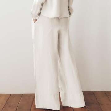 Ainangua Women Linen Palazzo Pants Casual Elasticated Drawstring Waist Wide Leg Trousers Trendy Beach Travel Outfits