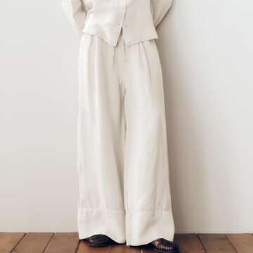 Ainangua Women Linen Palazzo Pants Casual Elasticated Drawstring Waist Wide Leg Trousers Trendy Beach Travel Outfits