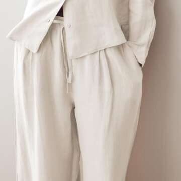 Ainangua Women Linen Palazzo Pants Casual Elasticated Drawstring Waist Wide Leg Trousers Trendy Beach Travel Outfits