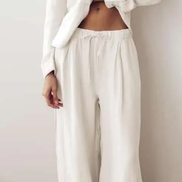 Ainangua Women Linen Palazzo Pants Casual Elasticated Drawstring Waist Wide Leg Trousers Trendy Beach Travel Outfits
