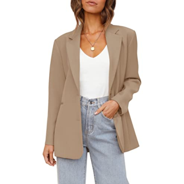 Women's Casual Blazers Open Front Long Sleeve Business Lapel Button Work Office Jackets Khaki
