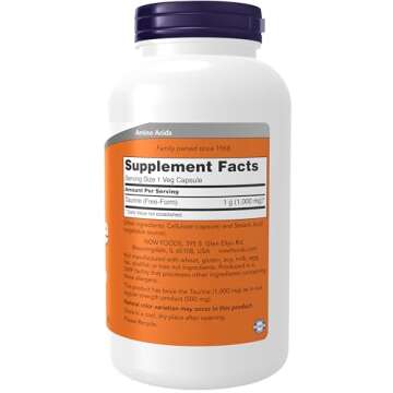 NOW Foods Supplements, Taurine 1,000 mg, Double Strength, Nervous System Health*, 250 Veg Capsules