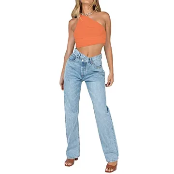 LYANER Women's One Shoulder Crop Top in Orange