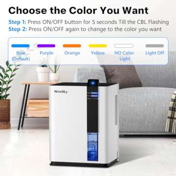 NineSky Dehumidifier for home, 98 OZ Dehumidifier for Room, Dehumidifiers for Bathroom, Bedroom, Basement (800 sq. ft.) with Auto Shut Off, 5 Colors LED Light(H2 White)