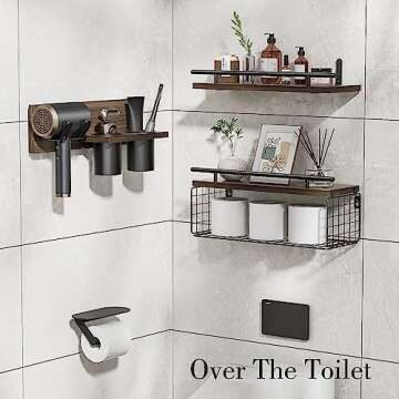 RoleDes Bathroom Floating Shelves with Hair Dryer Holder - Wall Mounted Wood Wall Shelf with Blow Dr...