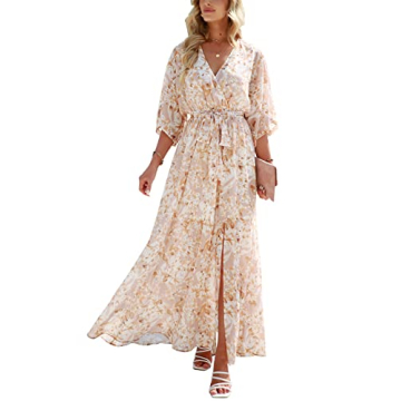 ANRABESS Women’s Summer Loose Boho Flowy Wrap V Neck 3/4 Sleeve Floral Print Slit Beach Wedding Gu...