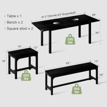 Feonase 5-Piece Dining Table Set for 4-8 People, 63" Large Extendable Kitchen Table Set with 2 Bench...