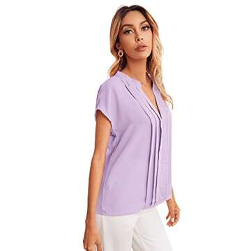 Milumia Women's Casual Notched V Neck Fold Pleated Short Sleeve Work Office Blouse Top