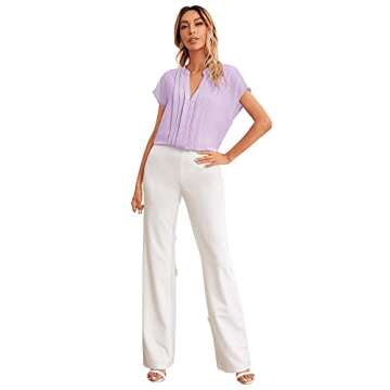 Milumia Women's Casual Notched V Neck Fold Pleated Short Sleeve Work Office Blouse Top