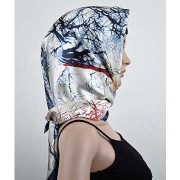 corciova 35 x 35 Large Bandana Women Satin Tie Square Headband Silk Like Hair Scarf Wrap Headscarf Prussian Blue Beige Trees