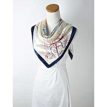 corciova 35 x 35 Large Bandana Women Satin Tie Square Headband Silk Like Hair Scarf Wrap Headscarf Prussian Blue Beige Trees
