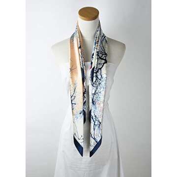 corciova 35 x 35 Large Bandana Women Satin Tie Square Headband Silk Like Hair Scarf Wrap Headscarf Prussian Blue Beige Trees