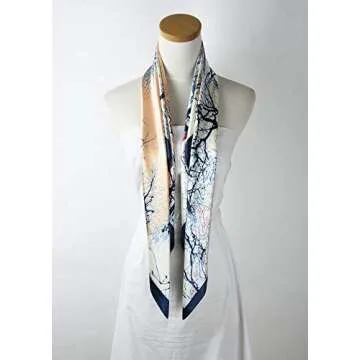 corciova 35 x 35 Large Bandana Women Satin Tie Square Headband Silk Like Hair Scarf Wrap Headscarf Prussian Blue Beige Trees