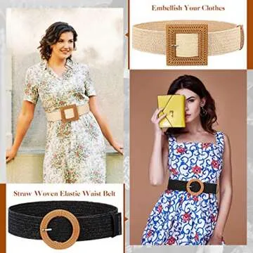 Syhood 3 Pieces Straw Woven Elastic Waist Belt for Women Bohemian Dress Braided Belt (Black, Khaki, Beige,Fit Waist Size Below 40'')