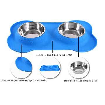 Hubulk Pet Dog Bowls 2 Stainless Steel Dog Bowl with No Spill Non-Skid Silicone Mat + Pet Food Scoop Water and Food Feeder Bowls for Feeding Small Medium Large Dogs Cats Puppies (Large, Blue)