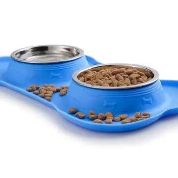 Hubulk Pet Dog Bowls 2 Stainless Steel Dog Bowl with No Spill Non-Skid Silicone Mat + Pet Food Scoop Water and Food Feeder Bowls for Feeding Small Medium Large Dogs Cats Puppies (Large, Blue)