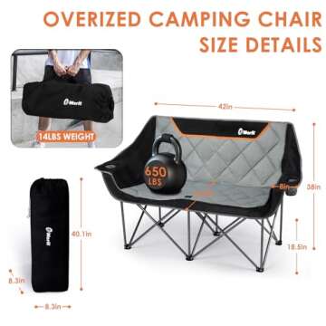 EMERIT Oversized Double Duo Camping Chair Folding Camping Loveseat 2 Person Camping Couch Heavy Duty Lawn Chairs for Outside with Padded Seats & Armrests-Support 650LBS