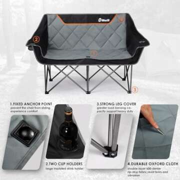 EMERIT Oversized Double Duo Camping Chair Folding Camping Loveseat 2 Person Camping Couch Heavy Duty Lawn Chairs for Outside with Padded Seats & Armrests-Support 650LBS