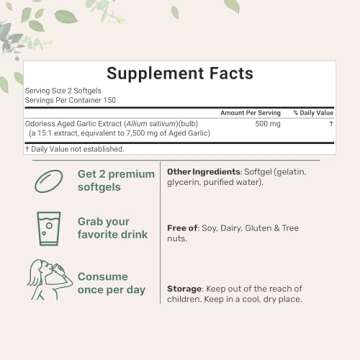 Micro Ingredients Odorless Garlic 7500mg Softgels, 300 Count – 2 Years Aged Extract, Heart & Immun...