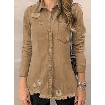 Dokotoo Womens Fashion Casual Jean Jacket Oversize Spring Summer Outfits Button Down Long Sleeve Denim Shirts Western Country Concert Outfits Shackets Classic Distressed Coats Outwear Brown S