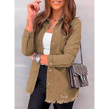 Dokotoo Womens Fashion Casual Jean Jacket Oversize Spring Summer Outfits Button Down Long Sleeve Denim Shirts Western Country Concert Outfits Shackets Classic Distressed Coats Outwear Brown S