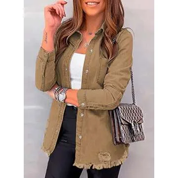 Dokotoo Womens Fashion Casual Jean Jacket Oversize Spring Summer Outfits Button Down Long Sleeve Denim Shirts Western Country Concert Outfits Shackets Classic Distressed Coats Outwear Brown S