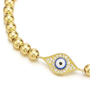 COOLSTEELANDBEYOND Gold Beads Bracelet for Women Men with Cubic Zirconia Protection Evil Eye