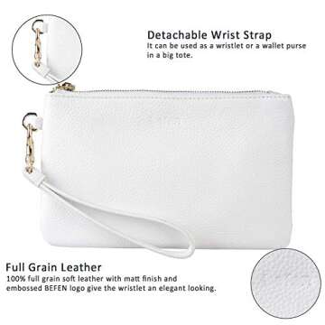 befen Genuine Leather White Wristlet Clutch Cell Phone Wallet Purse for Women, Smartphone Wristlet Bag Purses and Handbags - Fit iPhone 14 Pro Max