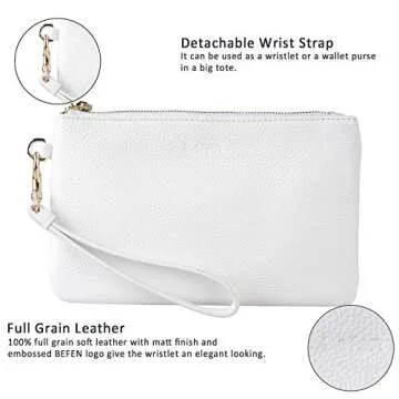 befen Genuine Leather White Wristlet Clutch Cell Phone Wallet Purse for Women, Smartphone Wristlet Bag Purses and Handbags - Fit iPhone 14 Pro Max