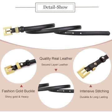 ALAIX Women Skinny Leather Belt for Jeans Pants Dress Belts Thin Black Leather Belt with Gold/Silver Buckle Waist Belts for Women