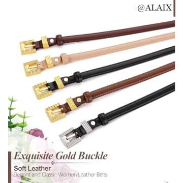 ALAIX Women Skinny Leather Belt for Jeans Pants Dress Belts Thin Black Leather Belt with Gold/Silver Buckle Waist Belts for Women