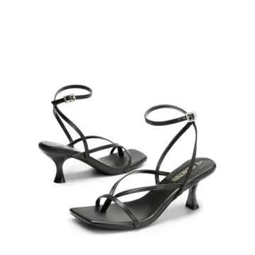 DREAM PAIRS Women's kitten Low Strappy Lace Up Heels Open Square Toe Thong Ankle Strap Heels Sexy Fashion Comfort Dress Shoes Party Sylvestra Pumps Heeled Sandals,Size 8,Black-Pu,SDHS2405W