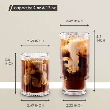 Gracenal Cocktail Glasses Drinking Set, Glass Cups Sets of 8, 4Pcs Glass Coffee Cups with Straws 12oz & 4Pcs Ribbed Glassware Set 9oz, Highball Glasses for Home Kitchen Christmas Party Wedding Gifts