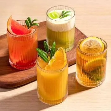 Gracenal Cocktail Glasses Drinking Set, Glass Cups Sets of 8, 4Pcs Glass Coffee Cups with Straws 12oz & 4Pcs Ribbed Glassware Set 9oz, Highball Glasses for Home Kitchen Christmas Party Wedding Gifts