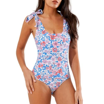 Women's One Piece Swimsuit Slimming Bathing Suit Tummy Control One Piece Swimsuit Modest One Piece Swimsuit for Women Square Neck Ladies Swim Suit Adjustable Womens One Piece Swimsuit Floral L